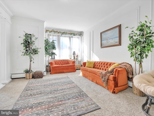 living area with a decorative wall, carpet flooring, and a baseboard radiator