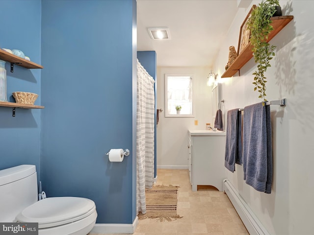 full bathroom featuring toilet, vanity, baseboards, and a baseboard radiator