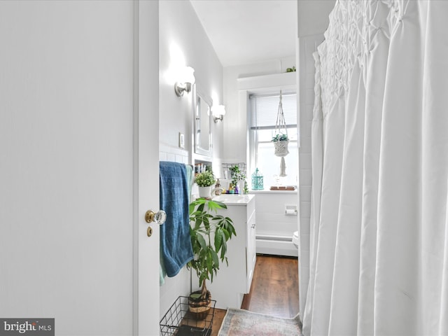 bathroom with vanity, curtained shower, and wood finished floors