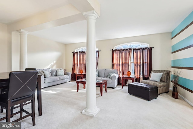 107 Persimmon Pl, Bear, DE 19701 - living room with baseboards, carpet, and decorative columns