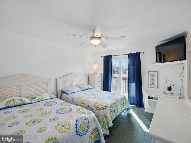 bedroom featuring access to exterior, carpet flooring, and ceiling fan