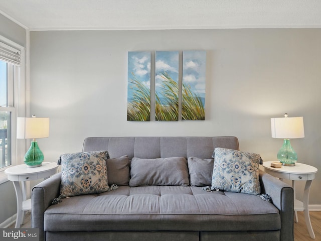 living area with baseboards and wood finished floors