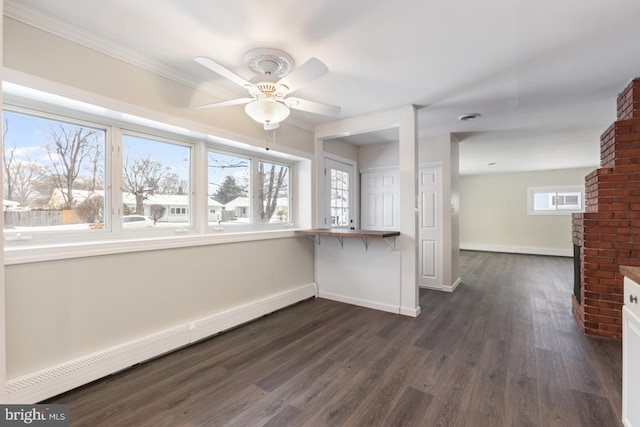 interior space featuring a healthy amount of sunlight, a fireplace, a ceiling fan, and a baseboard radiator