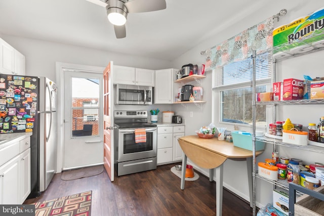 kitchen with white cabinetry, dark wood-type flooring, light countertops, and appliances with stainless steel finishes