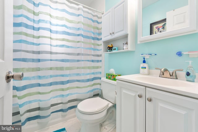 full bath featuring vanity, curtained shower, toilet, and tile patterned flooring