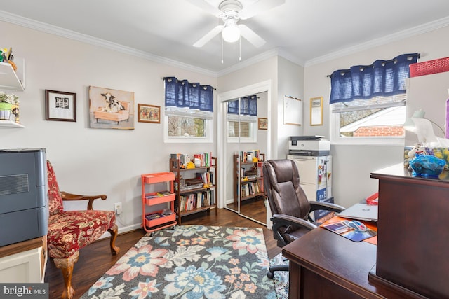 office area featuring baseboards, wood finished floors, a ceiling fan, and ornamental molding