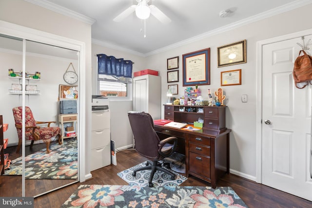 office area featuring baseboards, a ceiling fan, dark wood finished floors, and crown molding