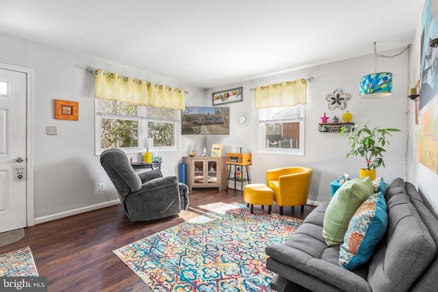 living area featuring plenty of natural light, wood finished floors, and baseboards