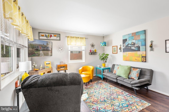 living area with baseboards and wood finished floors