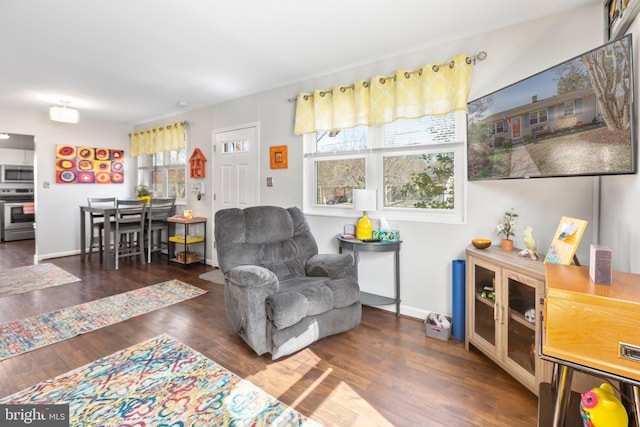 living room with baseboards and wood finished floors