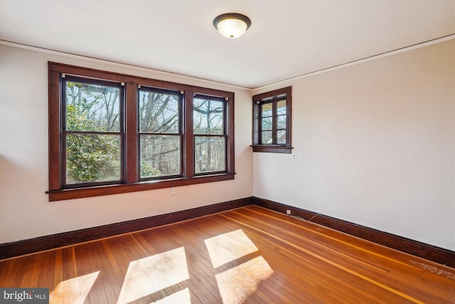 spare room with baseboards and wood-type flooring