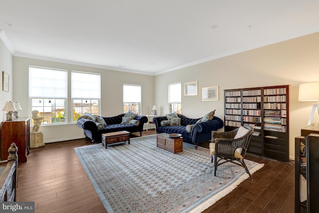 living room with baseboards, dark wood-style flooring, and ornamental molding