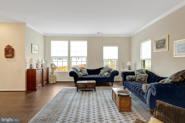 living room with crown molding, baseboards, dark wood-style flooring, and visible vents