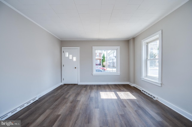 unfurnished living room with baseboards, visible vents, a baseboard radiator, dark wood finished floors, and ornamental molding