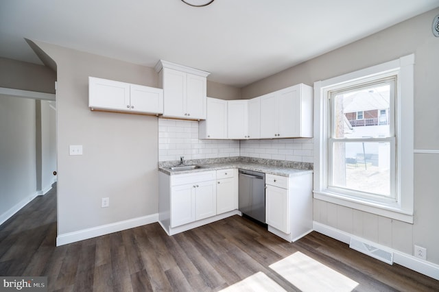 kitchen with stainless steel dishwasher, a healthy amount of sunlight, visible vents, and a sink