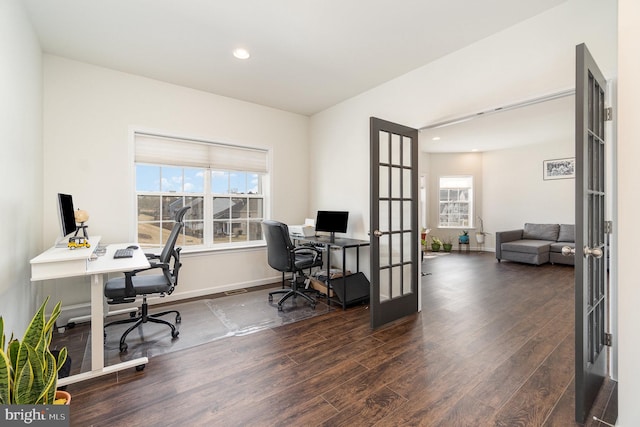 office featuring recessed lighting, french doors, baseboards, and wood finished floors