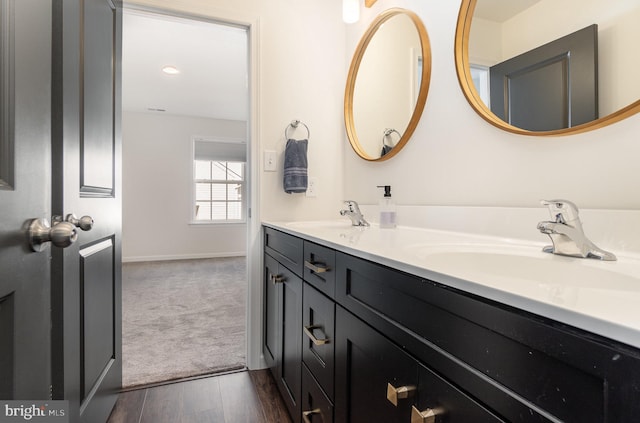 bathroom featuring double vanity, wood finished floors, baseboards, and a sink