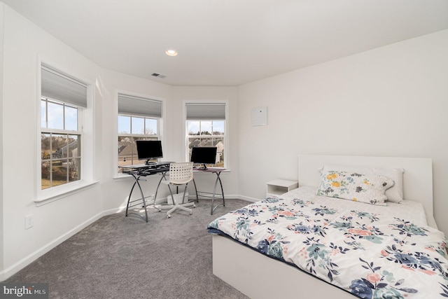 bedroom with recessed lighting, visible vents, baseboards, and carpet flooring