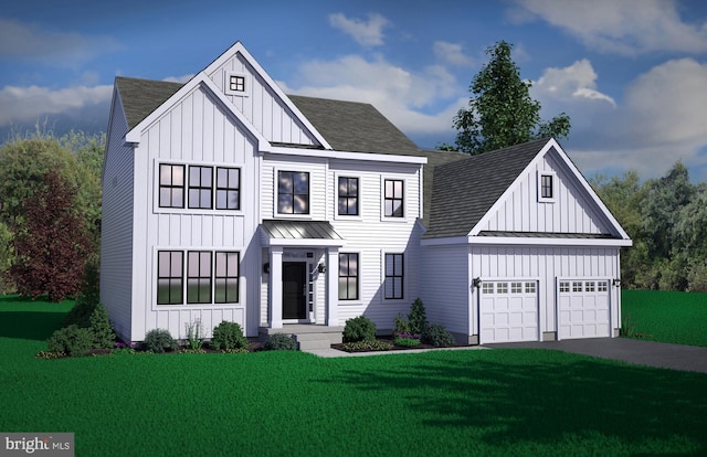 modern inspired farmhouse with board and batten siding, a front lawn, aphalt driveway, metal roof, and a standing seam roof