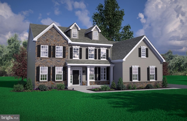 view of front of house featuring stone siding and a front lawn