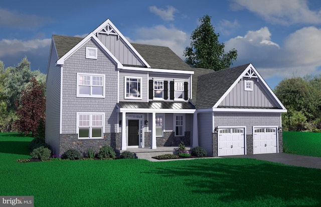 view of front of property with stone siding, board and batten siding, driveway, and a standing seam roof