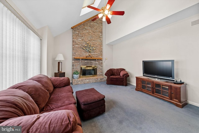 carpeted living room featuring visible vents, ceiling fan, baseboards, a fireplace, and high vaulted ceiling