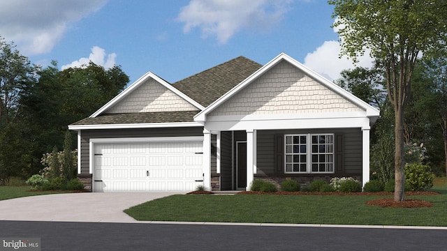 view of front facade featuring a garage, roof with shingles, concrete driveway, and a front lawn