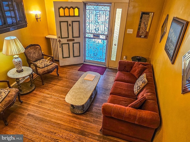 living room with radiator and wood finished floors