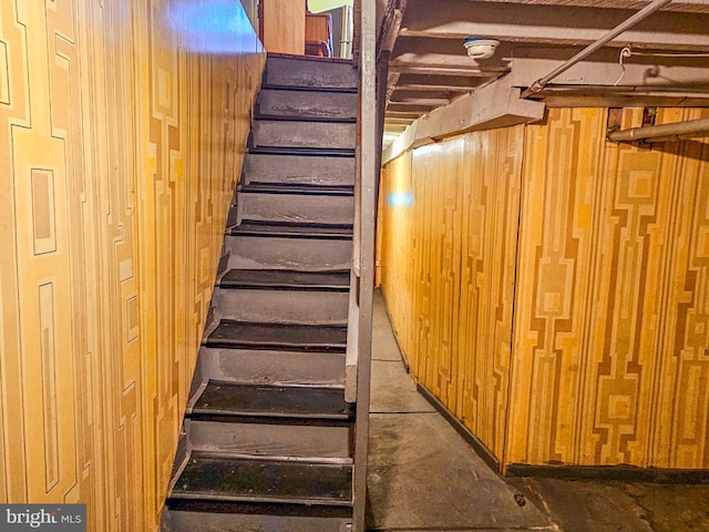 stairs featuring wood walls