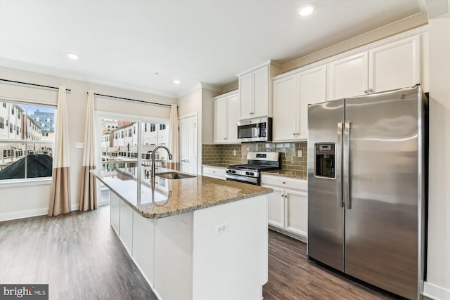 kitchen featuring tasteful backsplash, plenty of natural light, appliances with stainless steel finishes, and a sink