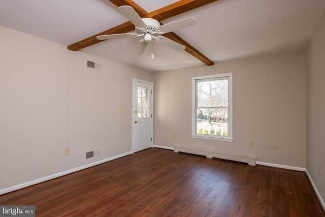 spare room with beamed ceiling, visible vents, a baseboard heating unit, and dark wood-type flooring