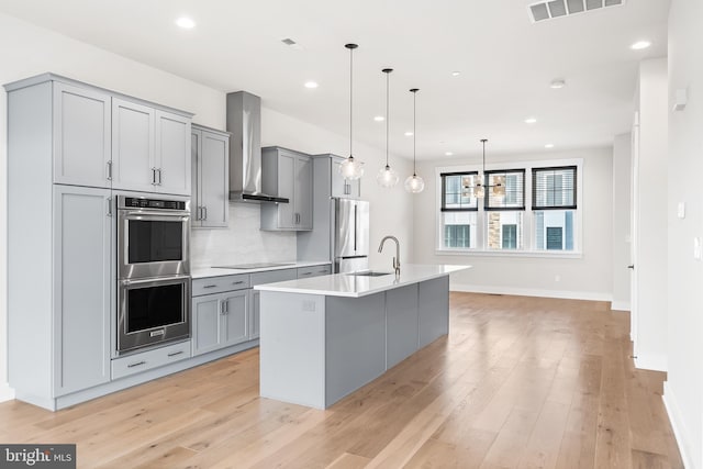 kitchen with visible vents, a sink, gray cabinetry, appliances with stainless steel finishes, and wall chimney exhaust hood