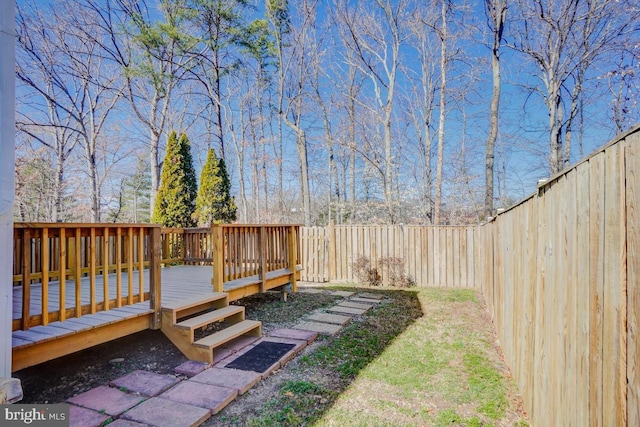 view of yard with a wooden deck and a fenced backyard