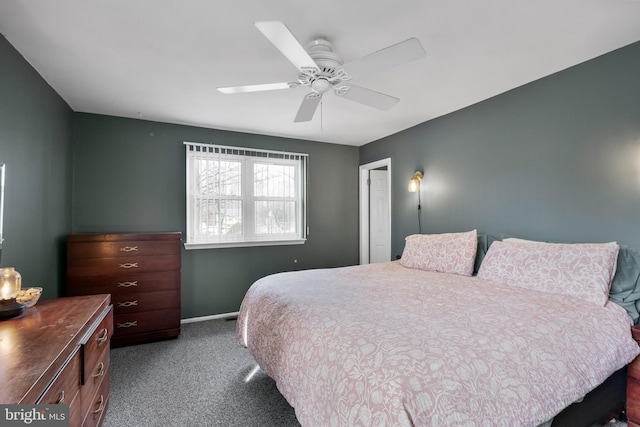 bedroom featuring baseboards, carpet, and ceiling fan