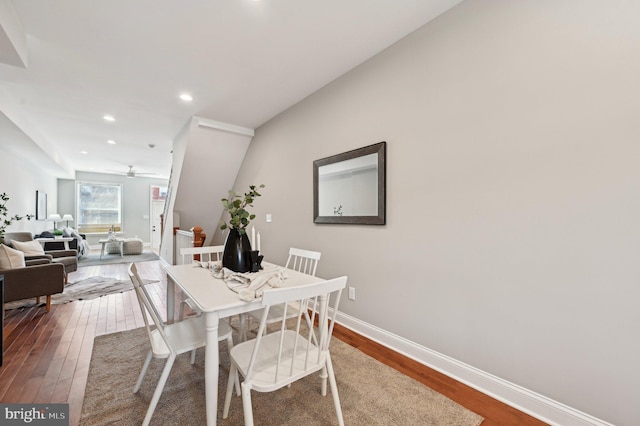 dining area featuring recessed lighting, a ceiling fan, baseboards, and wood-type flooring