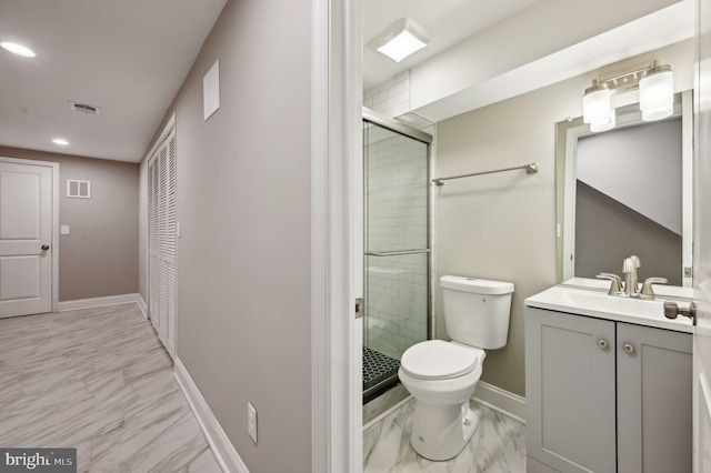 full bathroom with visible vents, marble finish floor, and a shower stall