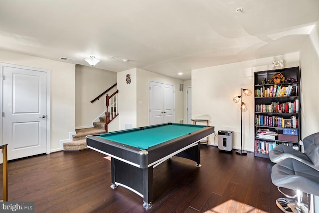 rec room with visible vents, baseboards, dark wood-style floors, and pool table