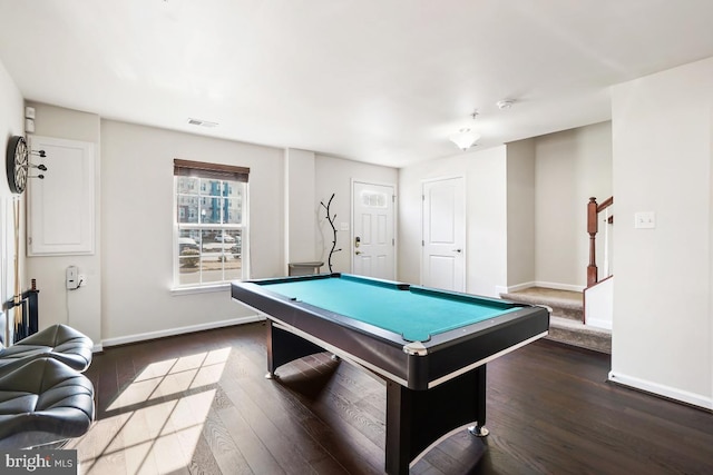 rec room featuring pool table, visible vents, baseboards, and dark wood-style flooring