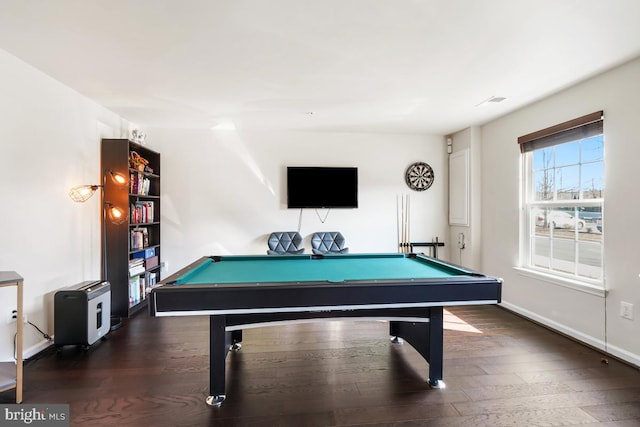 playroom with billiards, dark wood-style floors, and baseboards