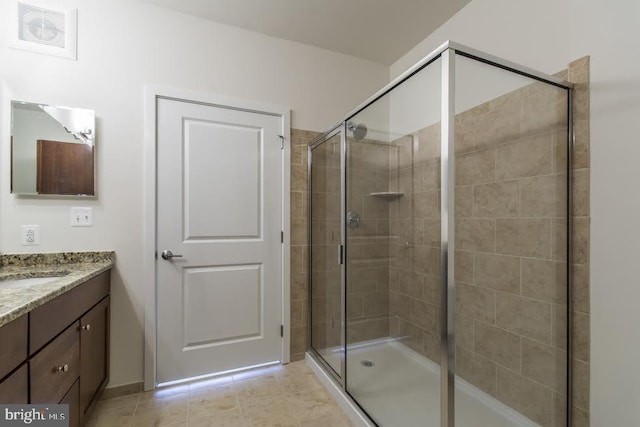 bathroom featuring vanity, visible vents, tile patterned flooring, and a stall shower