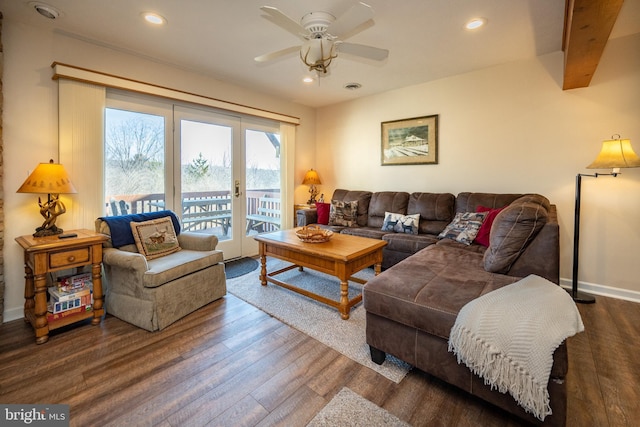 living room with ceiling fan, baseboards, wood finished floors, and recessed lighting