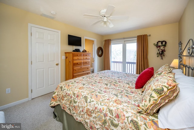 bedroom with baseboards, carpet, a ceiling fan, and access to outside