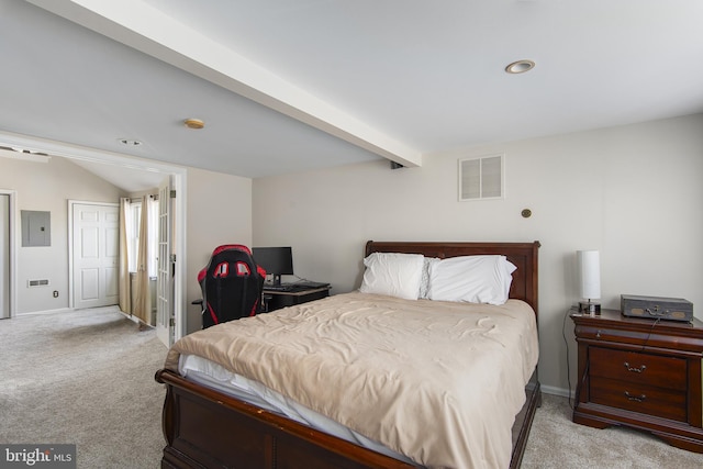 carpeted bedroom featuring visible vents, vaulted ceiling with beams, and baseboards