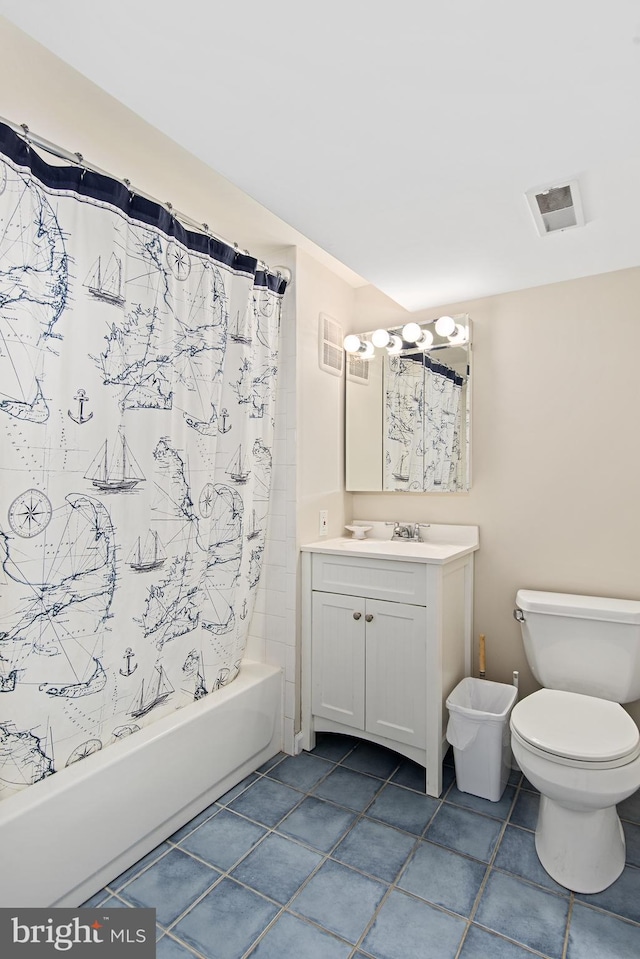 bathroom featuring vanity, visible vents, tile patterned floors, toilet, and shower / tub combo with curtain