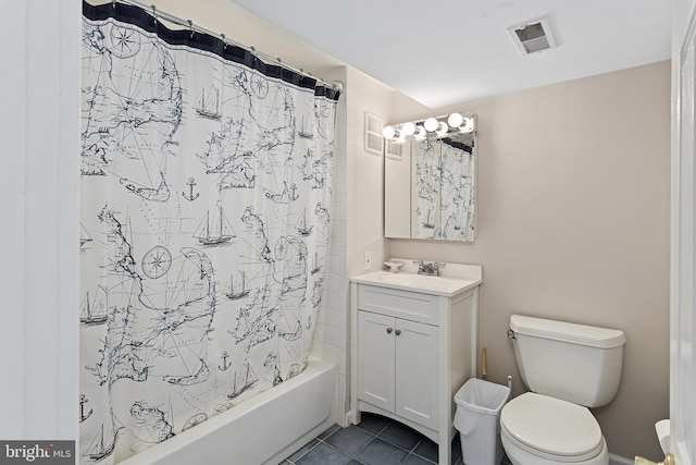 bathroom featuring visible vents, toilet, shower / tub combo with curtain, tile patterned floors, and vanity