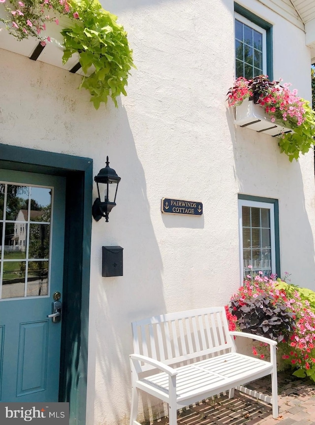 doorway to property featuring stucco siding