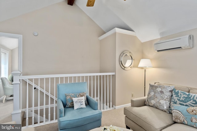 living area with baseboards, lofted ceiling with beams, carpet flooring, a wall mounted AC, and a ceiling fan