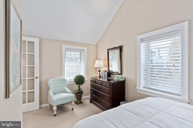 bedroom featuring baseboards, lofted ceiling, and carpet flooring