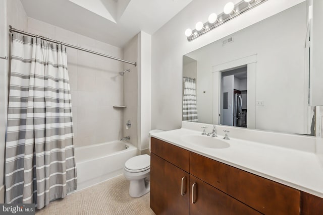 bathroom featuring tile patterned floors, visible vents, toilet, shower / tub combo with curtain, and vanity