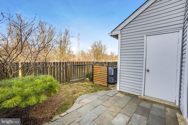 view of patio featuring central AC unit and a fenced backyard